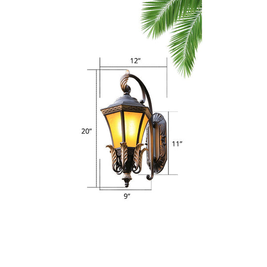 Vintage Black Wall Sconce Light With Amber Glass - Flared Design For Villa And Garden / 12