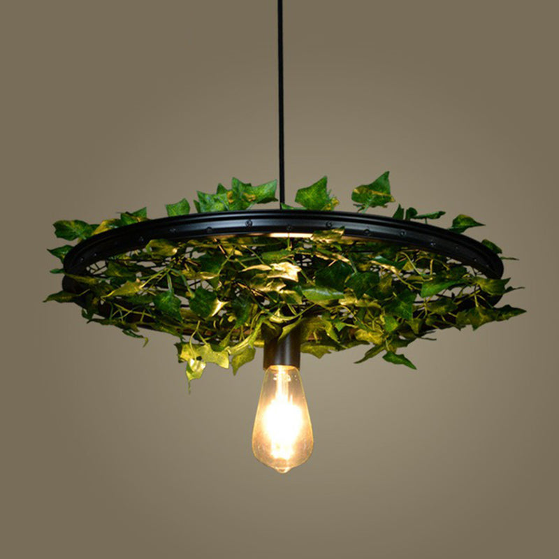 Rustic Wagon Wheel Pendant Light With Iron Suspension And Artistic Plant Design Black / 15’