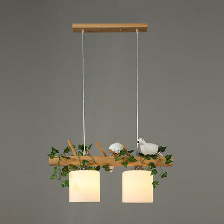 Country Style Milk Glass Cylindrical Island Lamp: Suspension Light With Resin Bird Deco 2 / Green