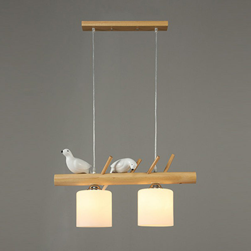 Cylindrical Milk Glass Island Lamp With Bird Deco For Country Style Restaurants 2 / Wood