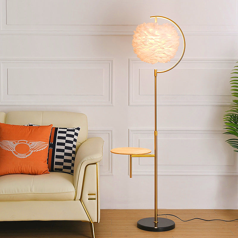 Nordic Feather Ball Shade Floor Lamp With Adjustable Height And Wooden Tray
