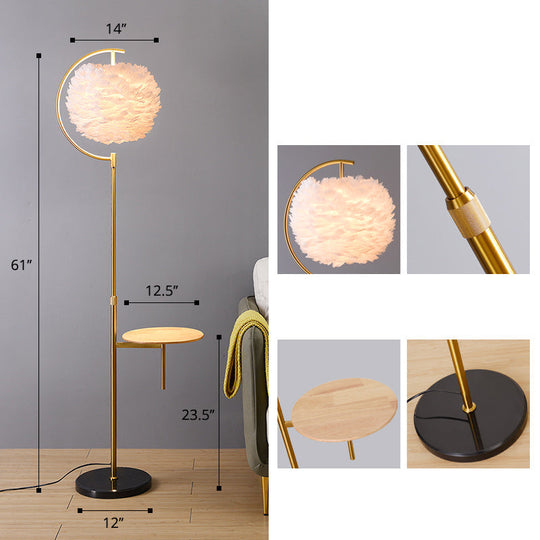 Nordic Feather Ball Shade Floor Lamp With Adjustable Height And Wooden Tray