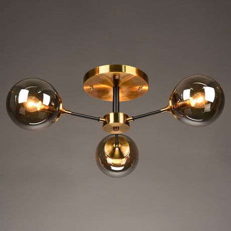 Postmodern Brass Flush Mount Light With Burst Design And Glass Ball For Living Room 3 / Smoke Gray