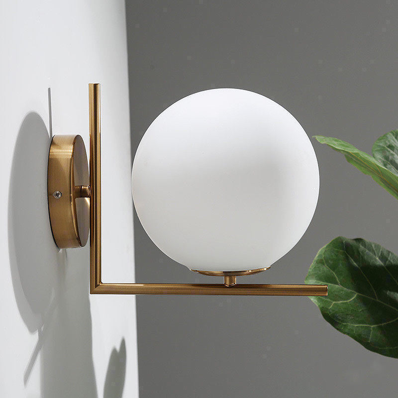 Opaline Glass Ball Wall Lamp With Right Angle Arm In Brass - Minimalist & Elegant