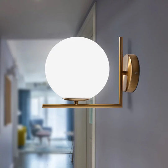 Opaline Glass Ball Wall Lamp With Right Angle Arm In Brass - Minimalist & Elegant