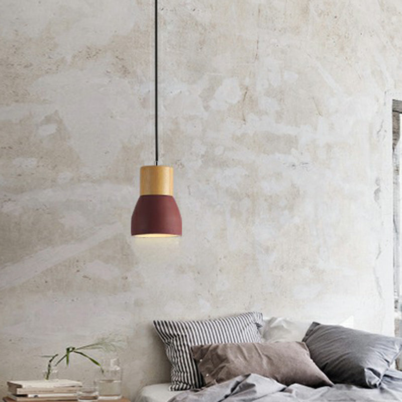 Nordic Mini Pendant Light With Cement Shade And Wood Top - Single-Bulb Ceiling Fixture For
