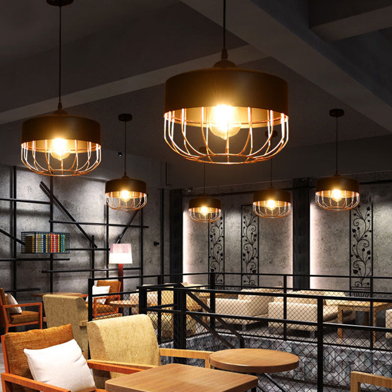 Industrial Warehouse Style Black Iron Suspension Light - Cage Restaurant Hanging Ceiling / Cylinder