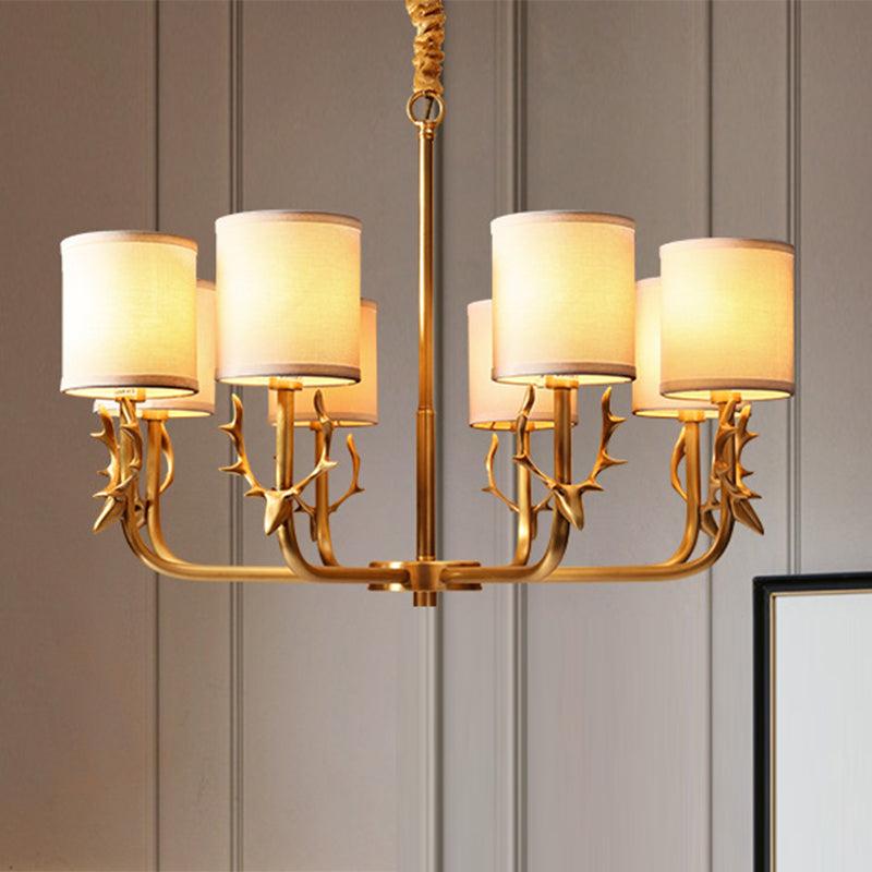 Nordic Fabric Suspension Light With Antler Deco - Gold Finish