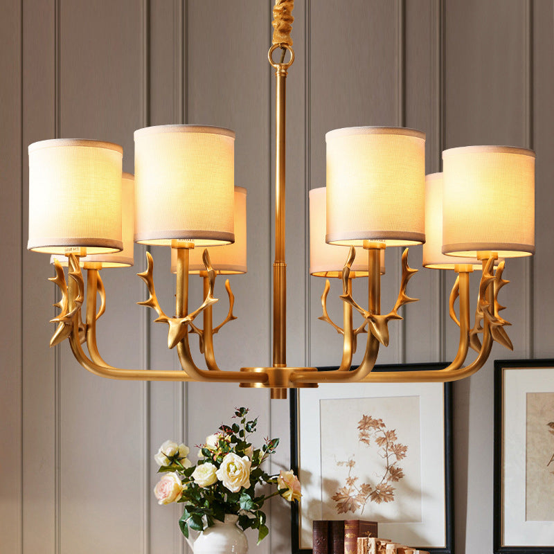 Gold Nordic Cylindrical Chandelier With Antler Deco - Fabric Suspension Light For Living Room