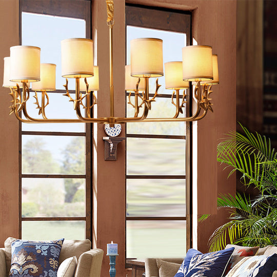 Gold Nordic Cylindrical Chandelier With Antler Deco - Fabric Suspension Light For Living Room 10 /