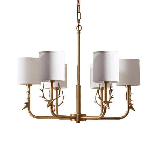 Gold Nordic Cylindrical Chandelier With Antler Deco - Fabric Suspension Light For Living Room