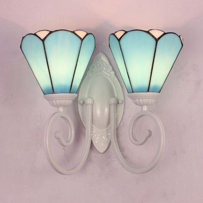Modern Tiffany Cone Wall Lamp - White Finish Stained Glass With 2 Lights White/Blue Blue