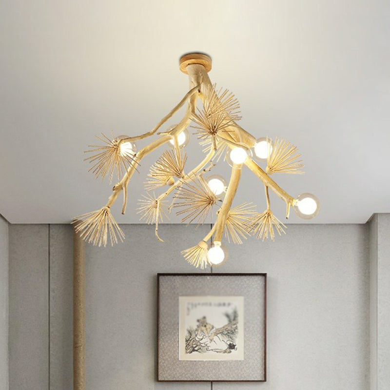 Japanese - Style Wood Tree Branch Ceiling Light: 8 - Bulb Metal Semi Flush Mount For Dining Room
