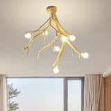 Japanese-Style Wood Tree Branch Ceiling Light: 8-Bulb Metal Semi Flush Mount For Dining Room