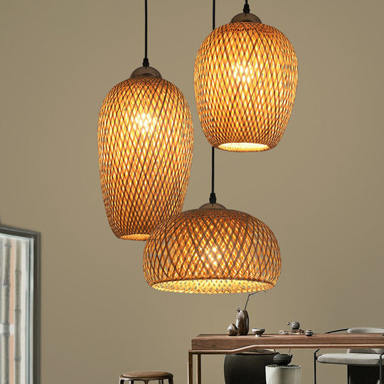 South-East Asian Bamboo Pendant Light With 3 Handmade Shades For Restaurant Ambiance