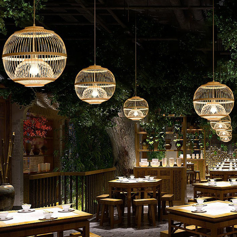 Nordic 1-Head Bamboo Pendant Lamp - Wood Cage Suspension Light For Dining Room