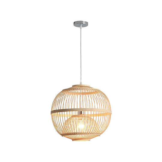 Nordic 1-Head Bamboo Pendant Lamp - Wood Cage Suspension Light For Dining Room