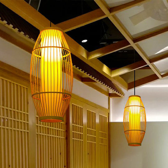 Bamboo Barrel Asian Pendant Light For Restaurants - Wood Finish With 1 Bulb