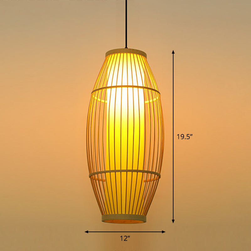 Bamboo Barrel Asian Pendant Light For Restaurants - Wood Finish With 1 Bulb / 12’
