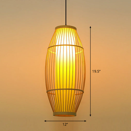 Bamboo Barrel Asian Pendant Light For Restaurants - Wood Finish With 1 Bulb / 12’
