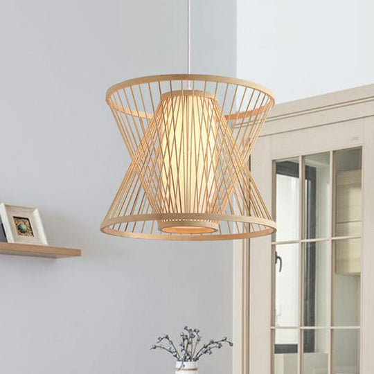Nordic Bamboo Conical Cage Pendant Light - 1-Light Hanging Suspension For Dining Room