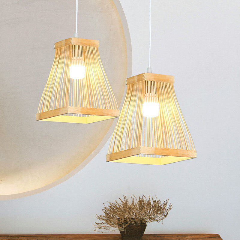 Nordic Style Trapezoid Bamboo Bedside Pendant Lamp - Wood Finish 1 Bulb
