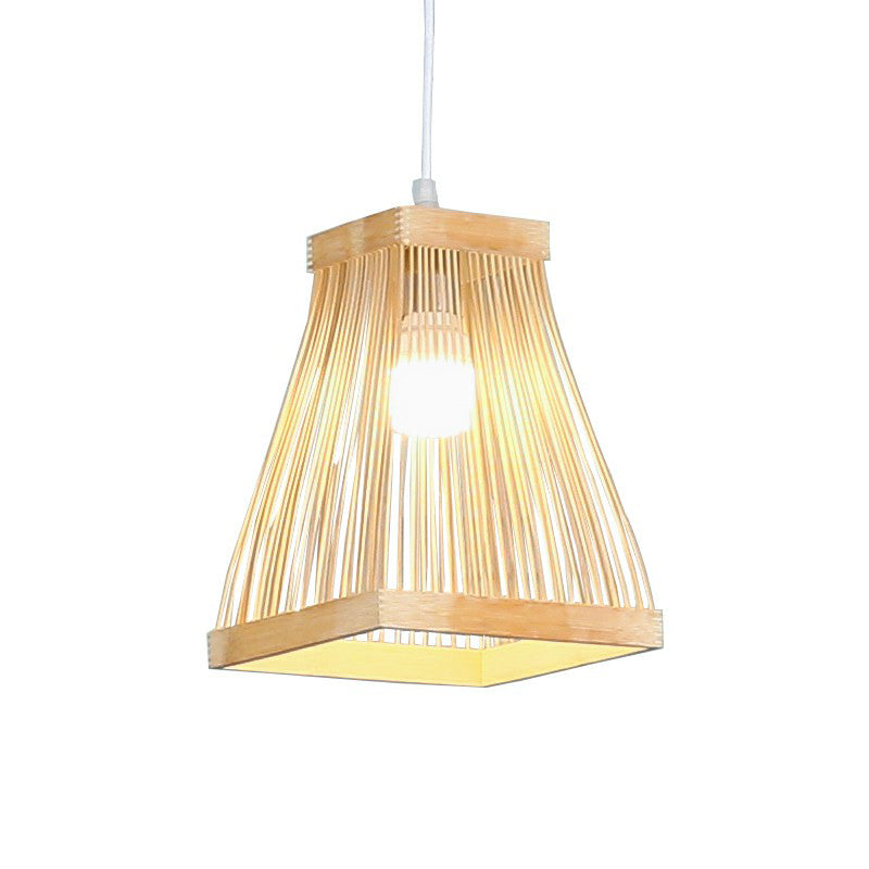 Nordic Style Trapezoid Bamboo Bedside Pendant Lamp - Wood Finish 1 Bulb