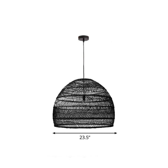 Rustic Rattan Domed Pendant Lamp - 1-Head Bedroom Ceiling Light Black / Large Round