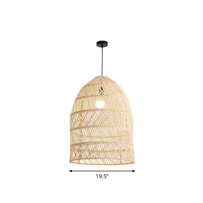 Rustic Rattan 1-Head Domed Pendant Lamp For Bedroom Ceiling Wood / Large Oval