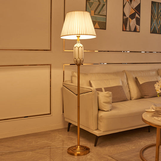 Modern Single Floor Lamp With Empire Shade And Pleated Fabric - Perfect For Living Room