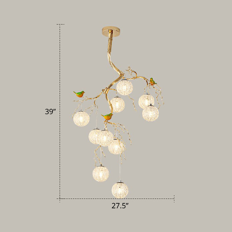 Led Ball Tree Chandelier: Artistic Gold Hanging Lamp With Bird Decor Aluminum Wire 10 / Third Gear