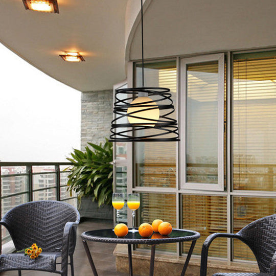 White Glass Domed Suspension Light - Loft Style Pendant With Black Wire Guard
