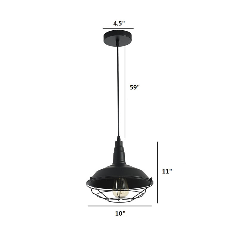 Farmhouse-Style Hanging Pendant Lamp With Tapered Cage In Barn-Shaped Black Metal