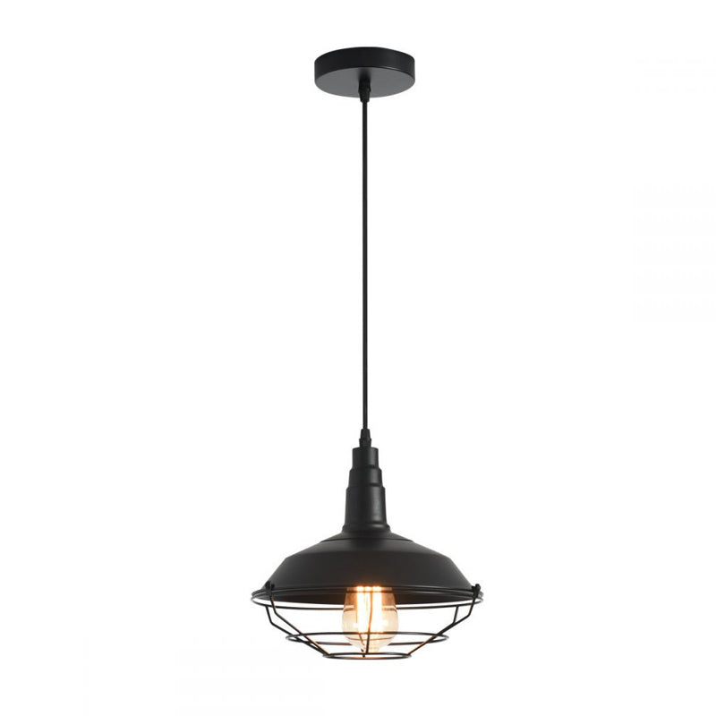 Farmhouse-Style Hanging Pendant Lamp With Tapered Cage In Barn-Shaped Black Metal