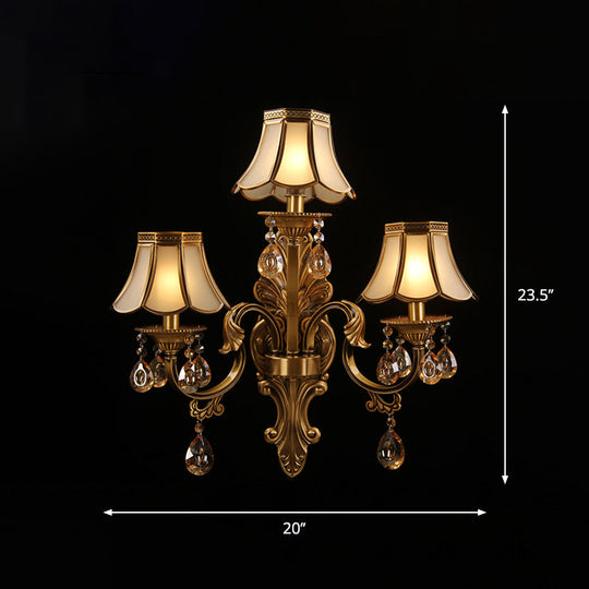 Traditional Brass Finish Scalloped Wall Sconce With Frosted Glass And Crystal Deco - 3 Heads
