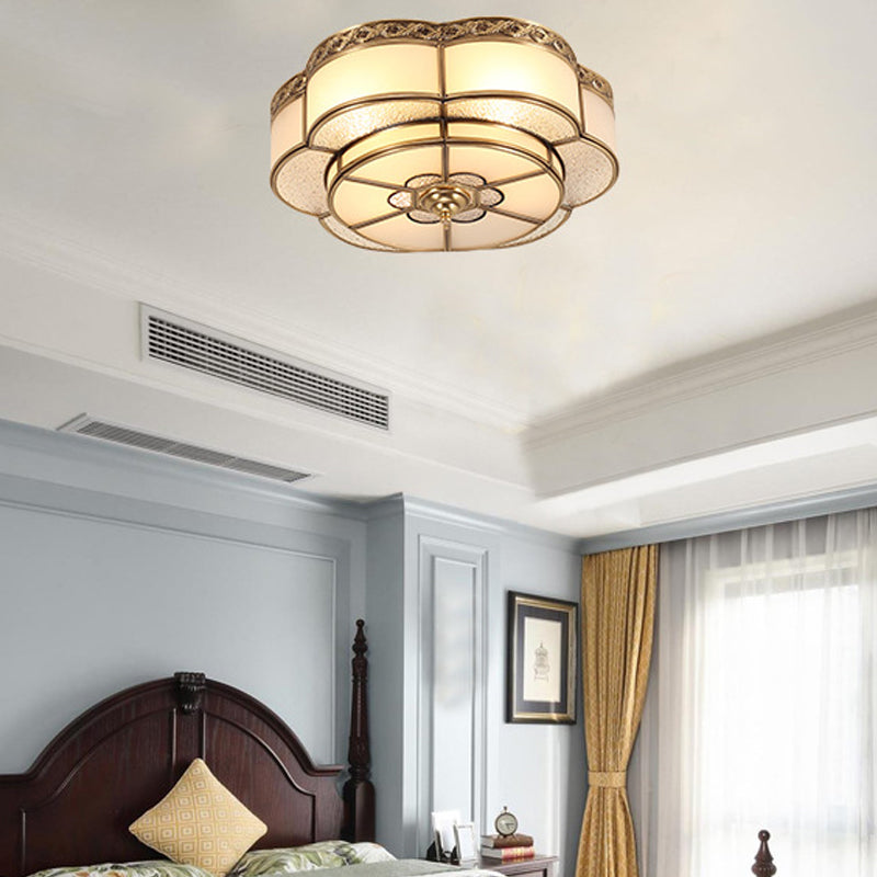 Vintage Opal Glass Floral Ceiling Light Brass Flush Mount Fixture For Bedroom