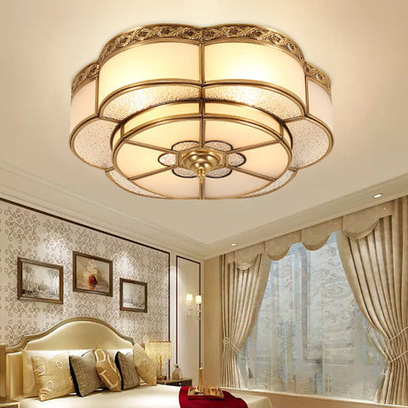 Vintage Opal Glass Floral Ceiling Light Brass Flush Mount Fixture For Bedroom