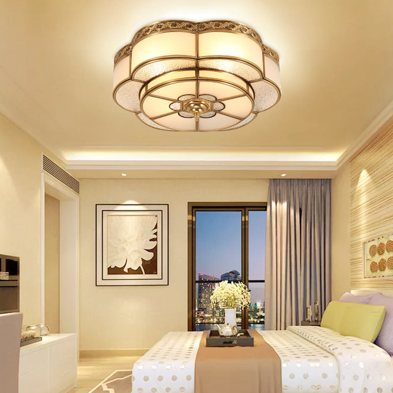 Vintage Opal Glass Floral Ceiling Light – Brass Flush Mount Fixture For Bedroom