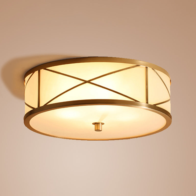 Modern Opal Glass Ceiling Mounted Flushmount With Brass X Brace Fixture - Simplicity Drum Lighting