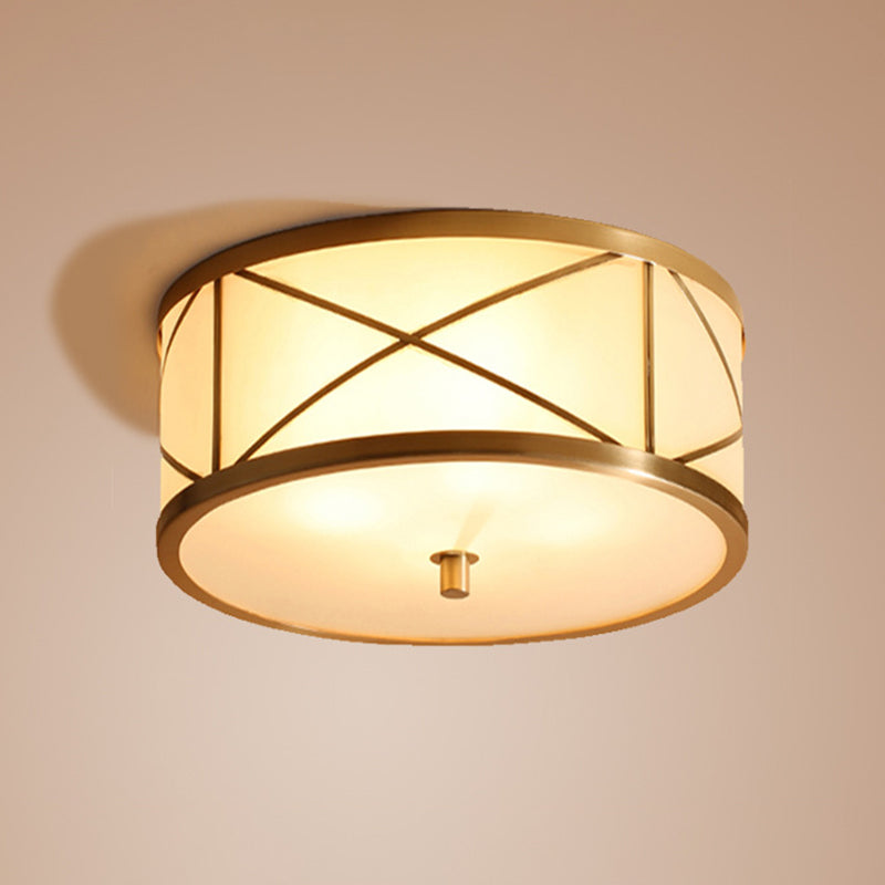 Modern Opal Glass Ceiling Mounted Flushmount With Brass X Brace Fixture - Simplicity Drum Lighting