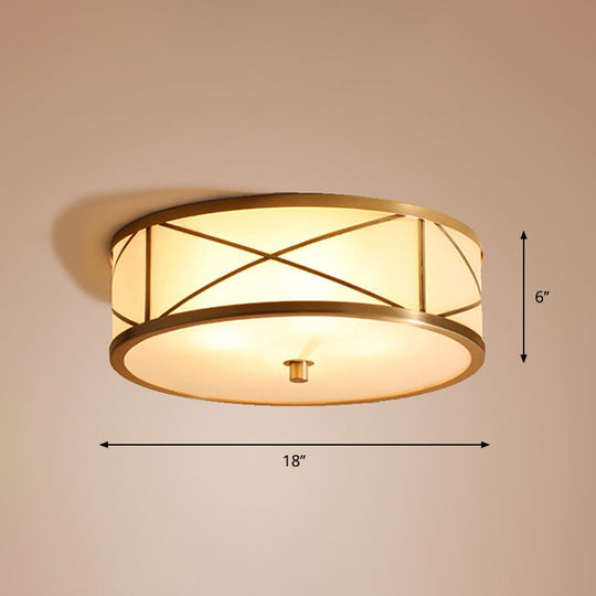 Modern Opal Glass Ceiling Mounted Flushmount With Brass X Brace Fixture - Simplicity Drum Lighting /