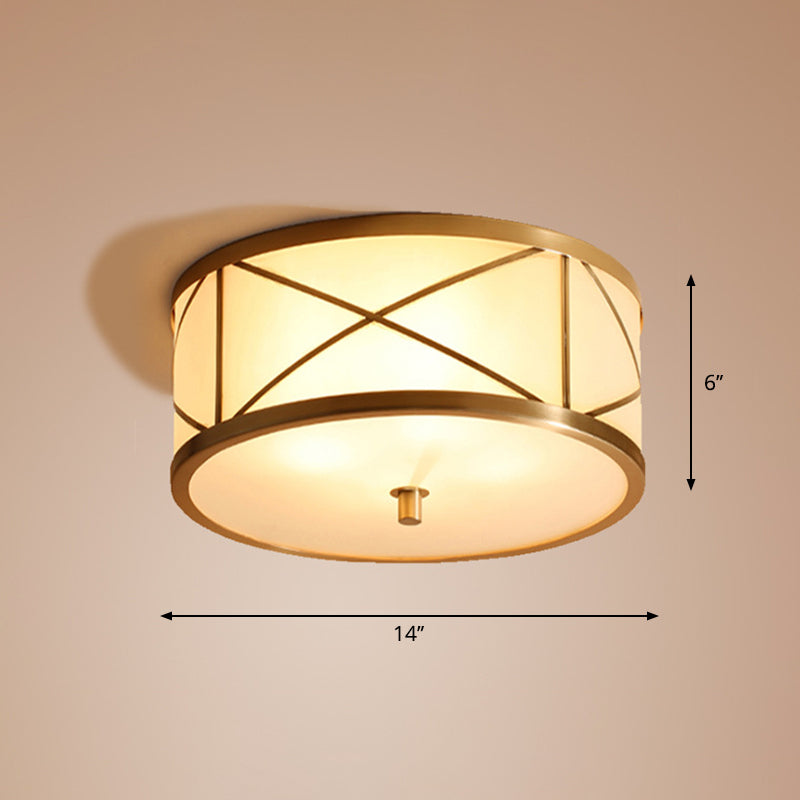 Modern Opal Glass Ceiling Mounted Flushmount With Brass X Brace Fixture - Simplicity Drum Lighting /