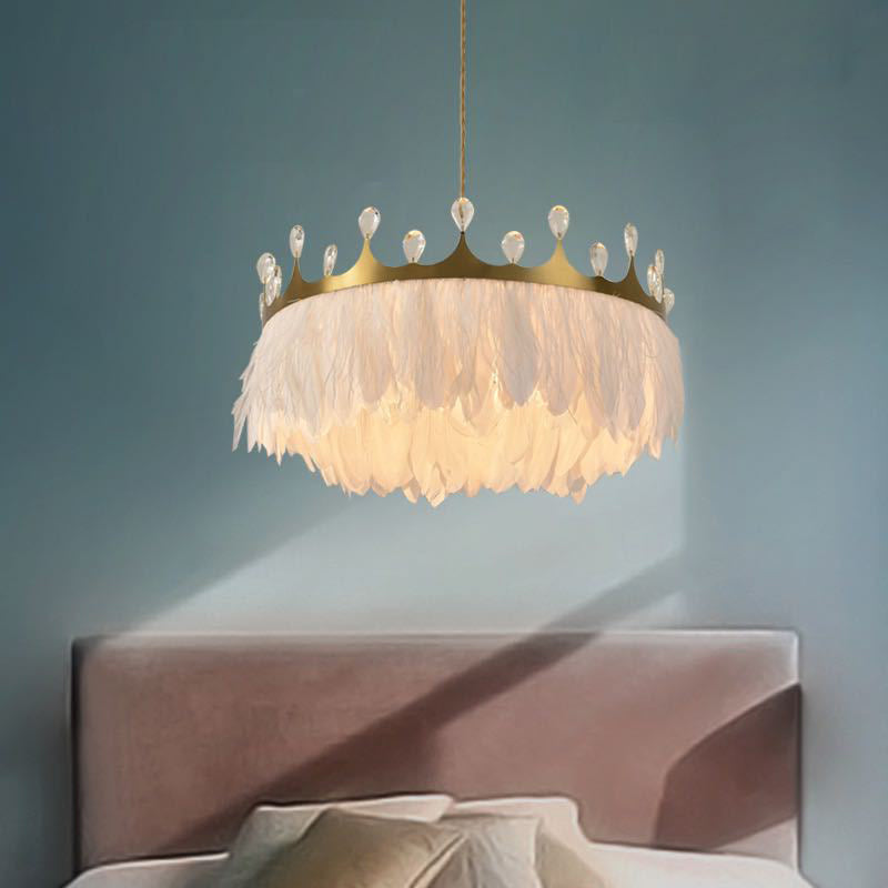 Minimalist Feather Crown Pendant Light With Crystal Deco