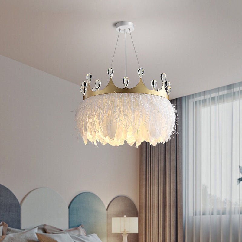 Minimalist Feather Crown Pendant Light With Crystal Deco