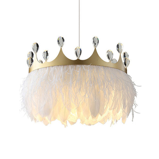 Minimalist Feather Crown Pendant Light - White Suspension With Crystal Deco