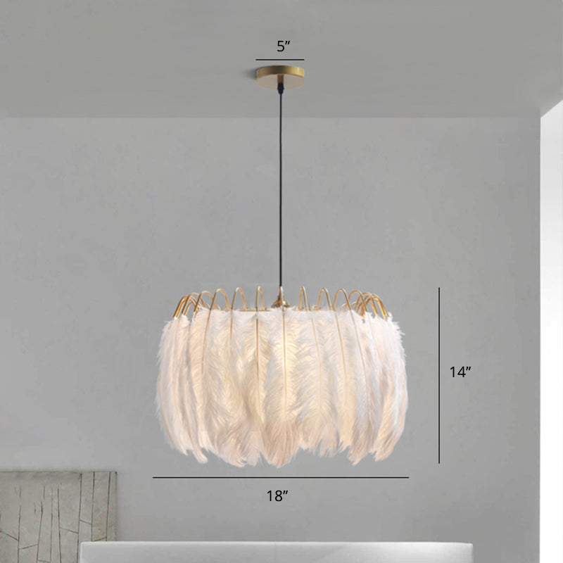 Feather White Round Chandelier Light Fixture - Elegant Postmodern Hanging Lamp For Bedrooms / 18