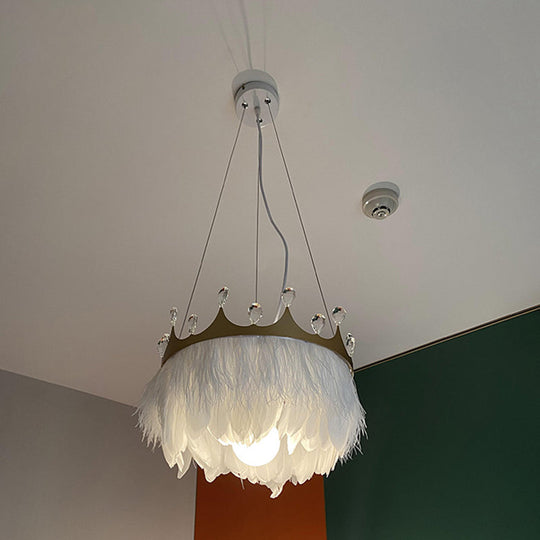 Feathered Crown Child Room Chandelier: Minimalist Pendant Lamp In White With Crystal Accents