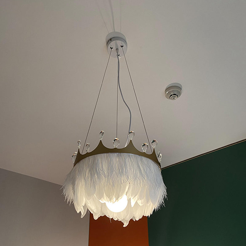 Minimalist Crown Child Room Chandelier With Crystal Accents - White Feather Lamp Pendant
