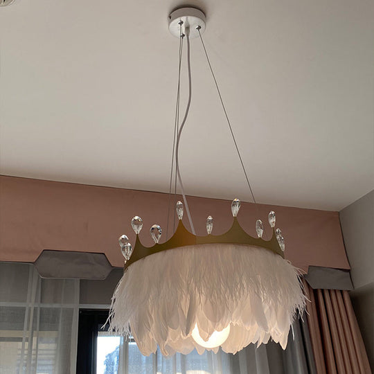Minimalist Crown Child Room Chandelier With Crystal Accents - White Feather Lamp Pendant