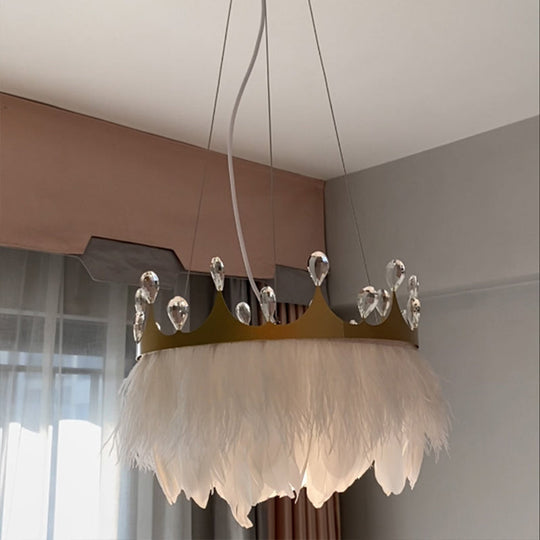 Feathered Crown Child Room Chandelier: Minimalist Pendant Lamp In White With Crystal Accents